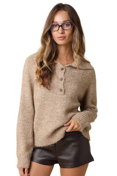 OLIVACEOUS JAYDEN POLO COLLAR KNIT SWEATER OATMEAL