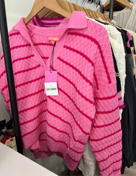 THML PINK STRIPED TEXTURED KNIT SWEATER