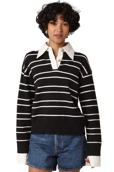 OLIVACEOUS BLACK WHITE RUGBY KNIT SWEATER