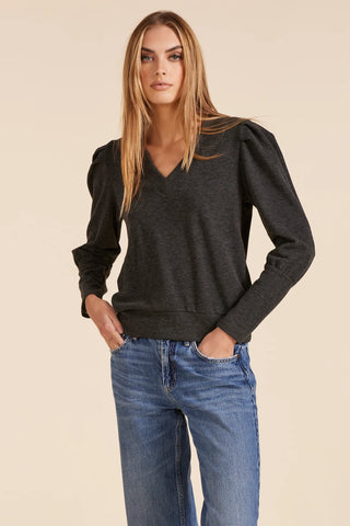 BOBI PUFF SLEEVE V NECK SWEATSHIRT WASHED BLACK CHARCOAL