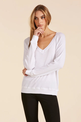 BOBI BOYFRIEND V NECK WAFFLE TOP WHITE