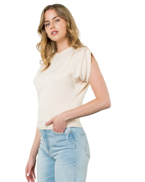 THML CREAM SHORT SLEEVE KNIT TOP PEARLIZED BUTTONS