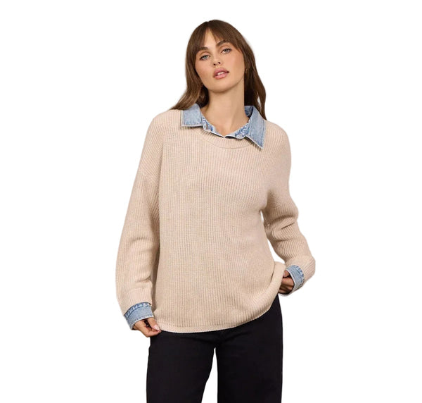 VINTAGE HAVANA TAUPE SWEATER WITH DENIM CONTRAST