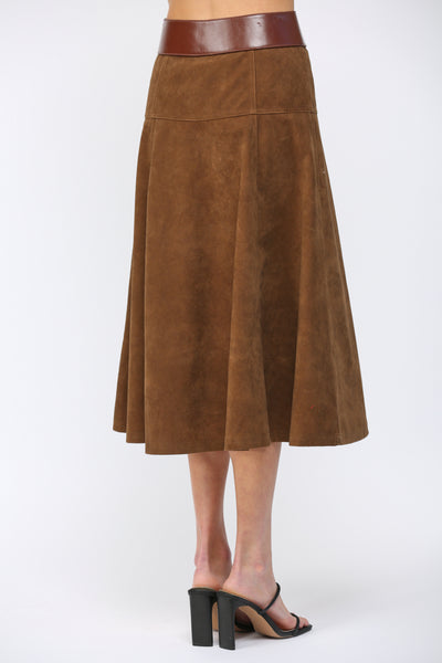 FATE BROWN HIGH A LINE FAUX SUEDE SKIRT BELT DETAIL