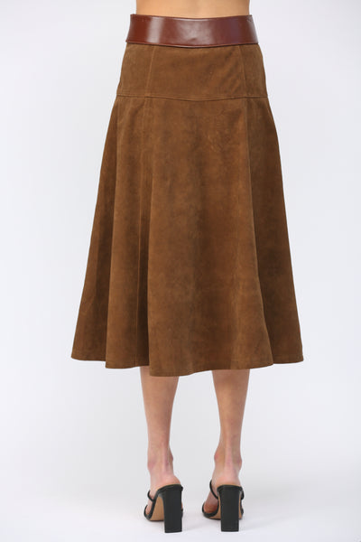FATE BROWN HIGH A LINE FAUX SUEDE SKIRT BELT DETAIL