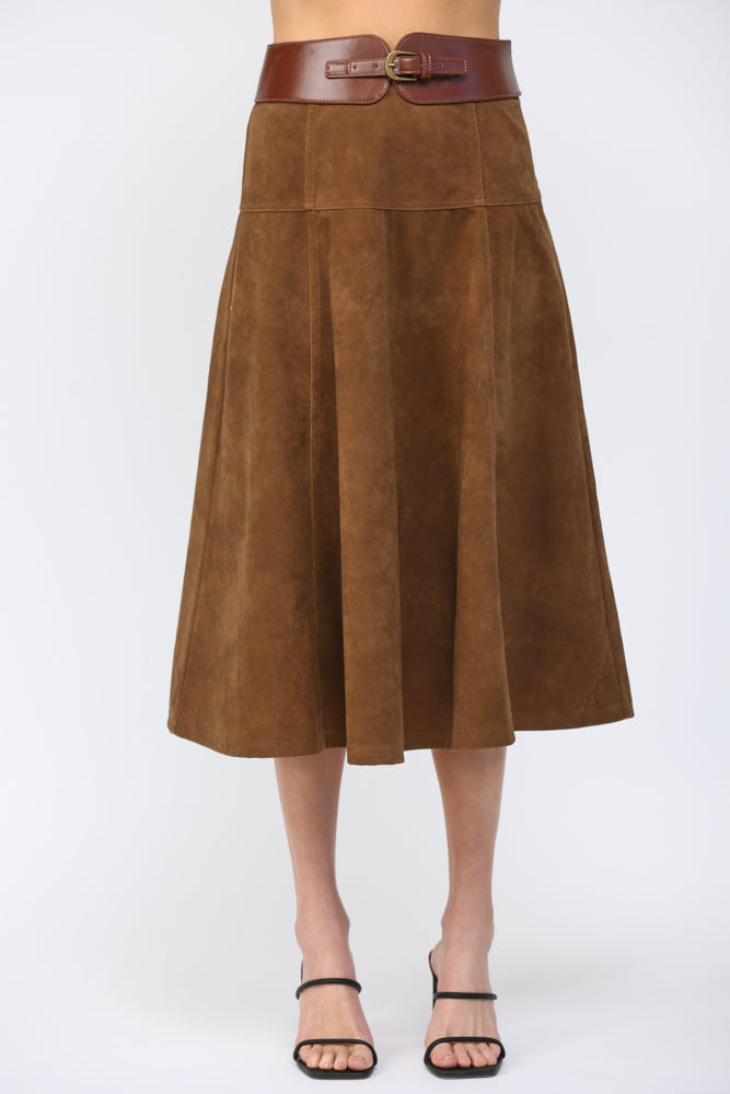 FATE BROWN HIGH A LINE FAUX SUEDE SKIRT BELT DETAIL