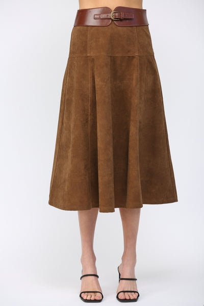 FATE BROWN HIGH A LINE FAUX SUEDE SKIRT BELT DETAIL