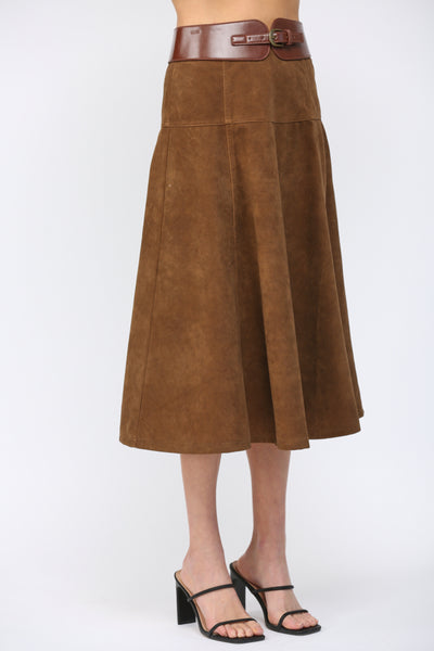 FATE BROWN HIGH A LINE FAUX SUEDE SKIRT BELT DETAIL