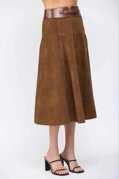 FATE BROWN HIGH A LINE FAUX SUEDE SKIRT BELT DETAIL