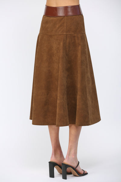 FATE BROWN HIGH A LINE FAUX SUEDE SKIRT BELT DETAIL