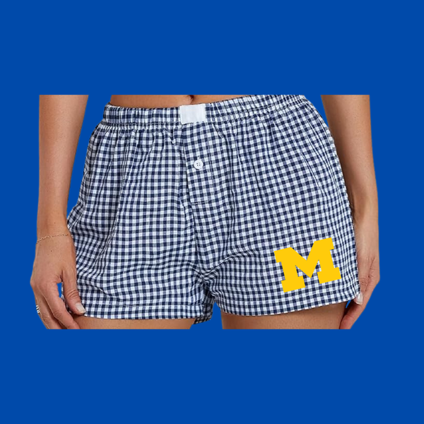 UNIVERSITY OF MICHIGAN PLAID GINGHAM LOGO SHORTS