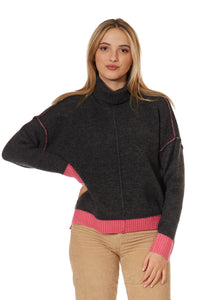 THEO & SPENCE CHARCOAL WITH PINK TURTLENECK SWEATER FINAL SALE