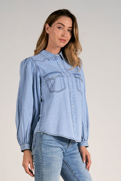 ELAN DENIM BLUE WASH BUTTON DOWN TOP