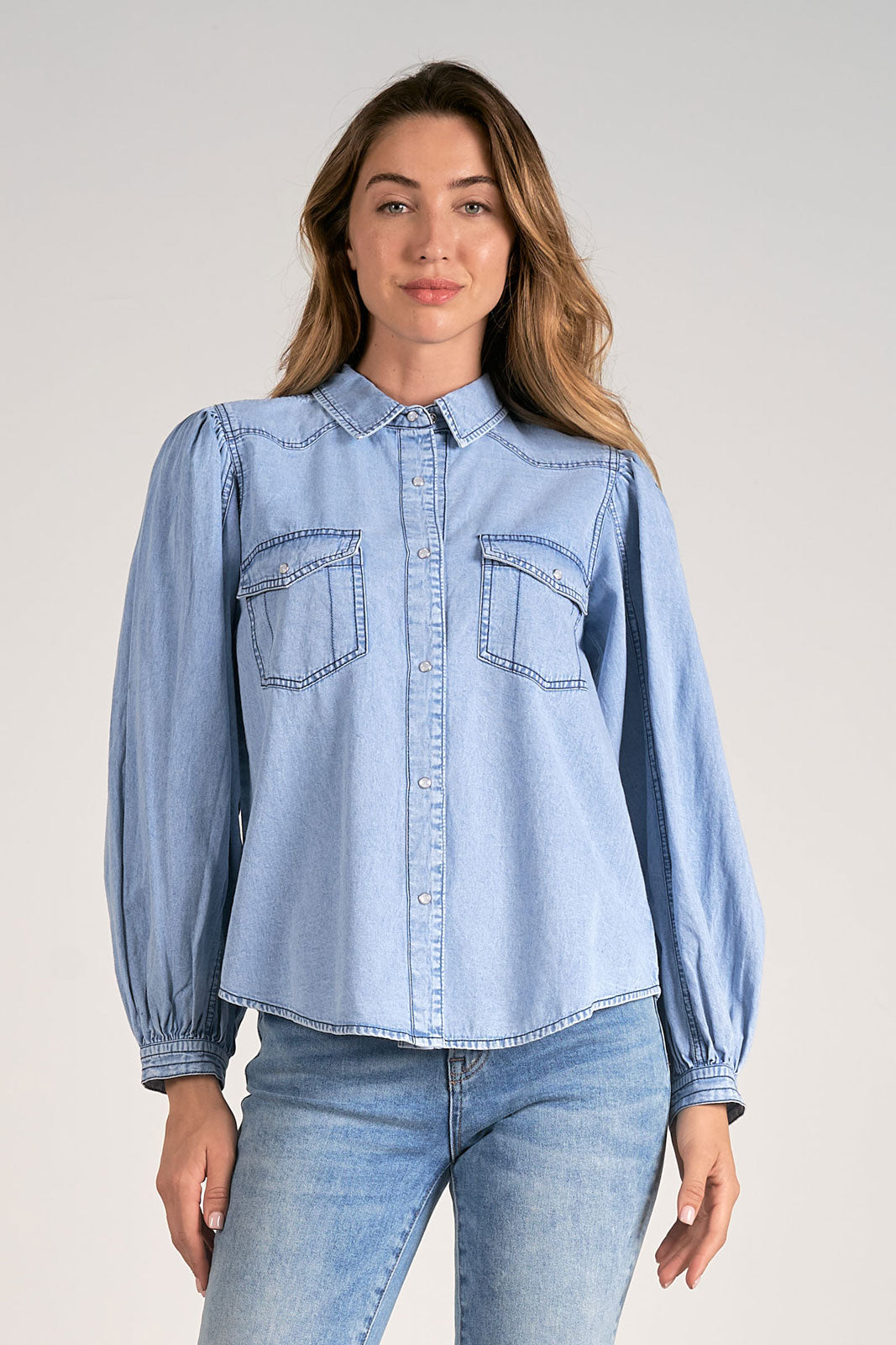 ELAN DENIM BLUE WASH BUTTON DOWN TOP