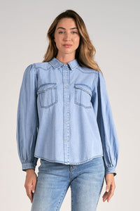 ELAN DENIM BLUE WASH BUTTON DOWN TOP