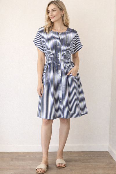THML BLUE WHITE STRIPED BUTTON FRONT DRESS