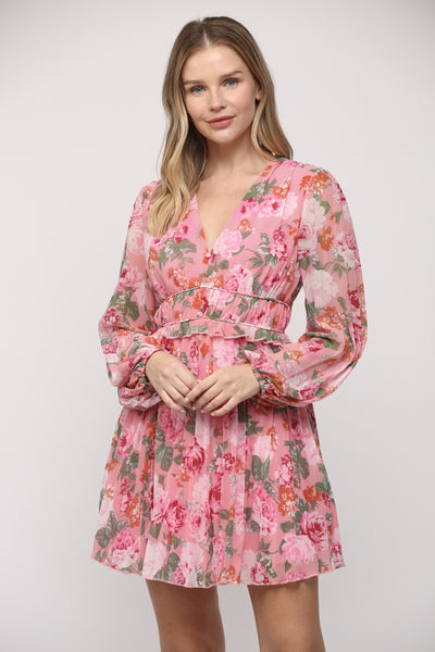 FATE PINK FLORAL PLEATED DRESS
