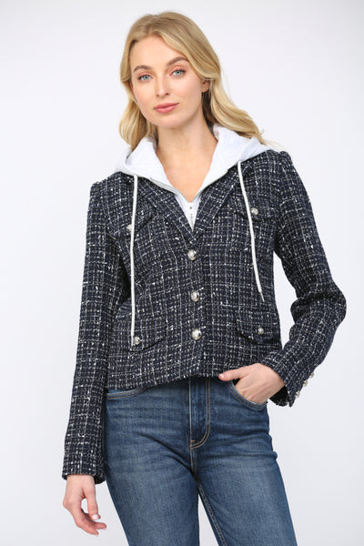 FATE DAHLIA NAVY HOODED TWEED JACKET BLAZER