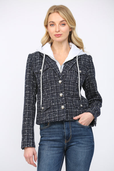 FATE DAHLIA NAVY HOODED TWEED JACKET BLAZER