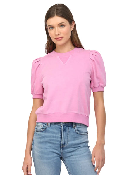 SHORT PLEATED BUBBLE SLEEVE CREW NECK TOP PINK