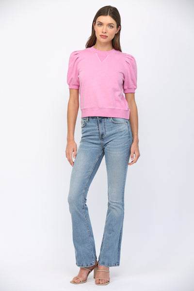 SHORT PLEATED BUBBLE SLEEVE CREW NECK TOP PINK