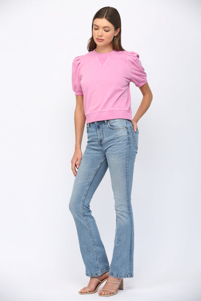 SHORT PLEATED BUBBLE SLEEVE CREW NECK TOP PINK
