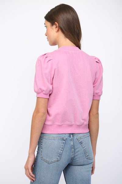 SHORT PLEATED BUBBLE SLEEVE CREW NECK TOP PINK
