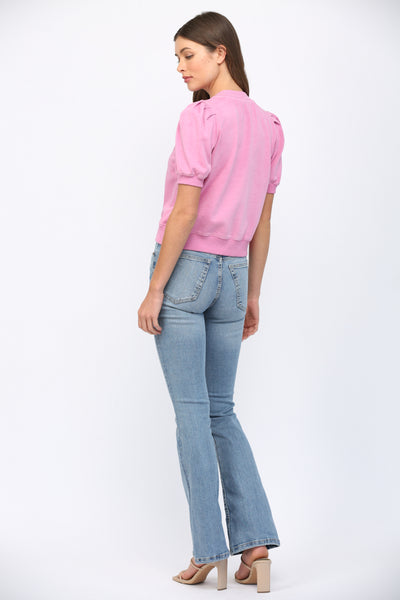SHORT PLEATED BUBBLE SLEEVE CREW NECK TOP PINK