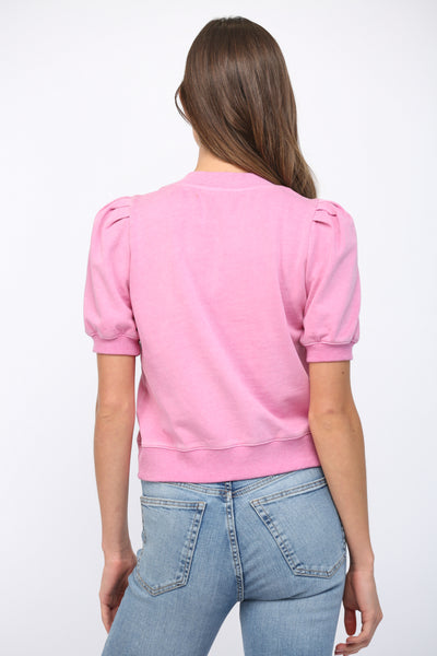 SHORT PLEATED BUBBLE SLEEVE CREW NECK TOP PINK