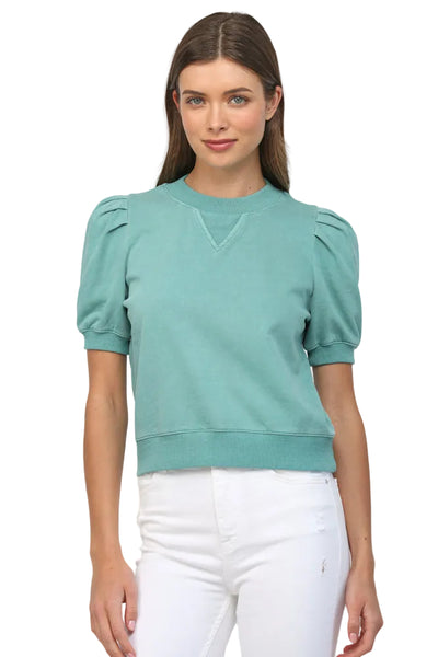 FATE SHORT PLEATED BUBBLE SLEEVE CREW NECK TOP TEAL