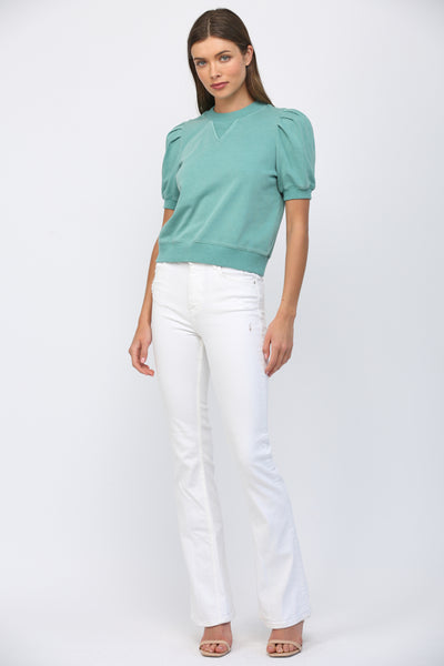 FATE SHORT PLEATED BUBBLE SLEEVE CREW NECK TOP TEAL