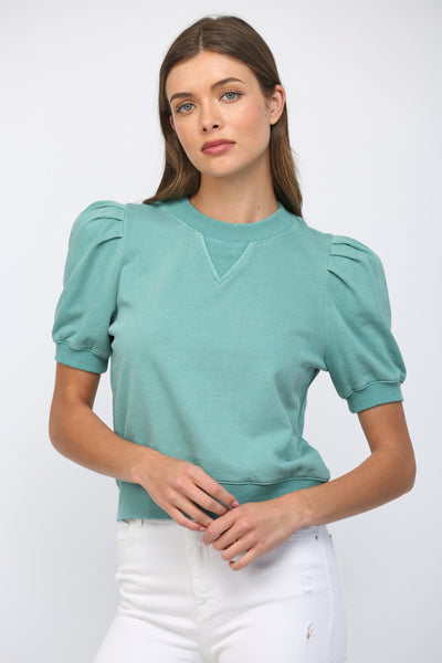 FATE SHORT PLEATED BUBBLE SLEEVE CREW NECK TOP TEAL