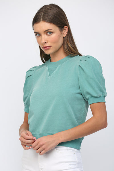 FATE SHORT PLEATED BUBBLE SLEEVE CREW NECK TOP TEAL