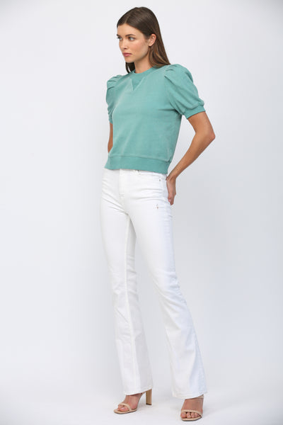 FATE SHORT PLEATED BUBBLE SLEEVE CREW NECK TOP TEAL