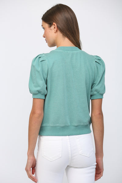 FATE SHORT PLEATED BUBBLE SLEEVE CREW NECK TOP TEAL