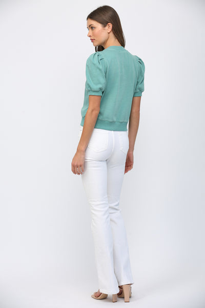 FATE SHORT PLEATED BUBBLE SLEEVE CREW NECK TOP TEAL