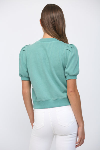 FATE SHORT PLEATED BUBBLE SLEEVE CREW NECK TOP TEAL