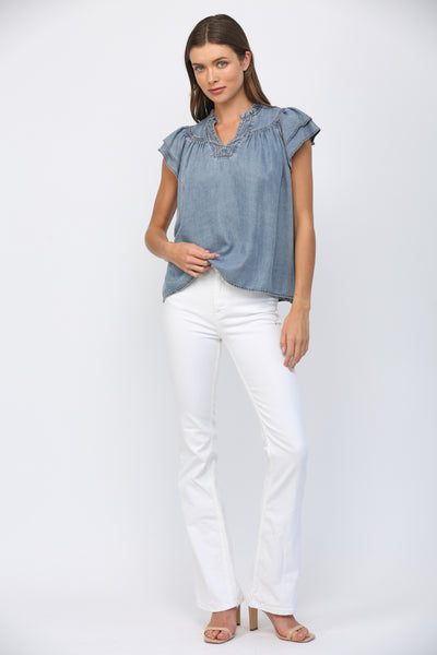 SPLIT V-NECKLINE WASHED TENCEL TOP