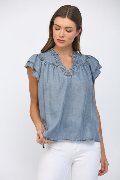 SPLIT V-NECKLINE WASHED TENCEL TOP