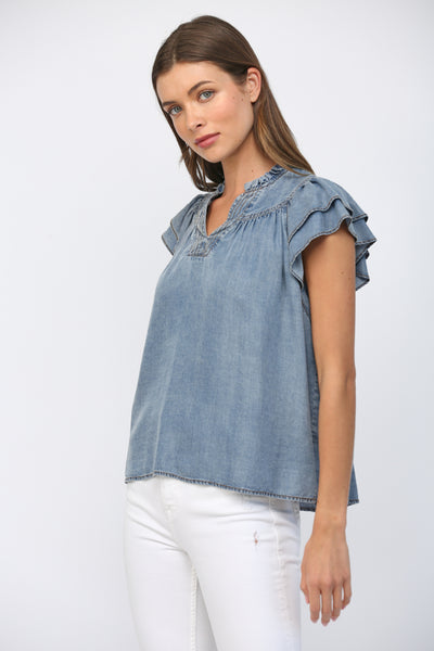 SPLIT V-NECKLINE WASHED TENCEL TOP