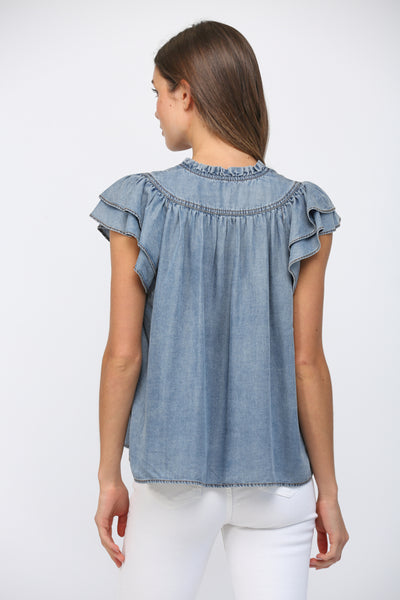 SPLIT V-NECKLINE WASHED TENCEL TOP