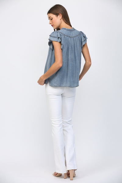 SPLIT V-NECKLINE WASHED TENCEL TOP