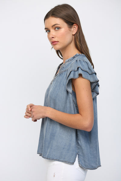 SPLIT V-NECKLINE WASHED TENCEL TOP