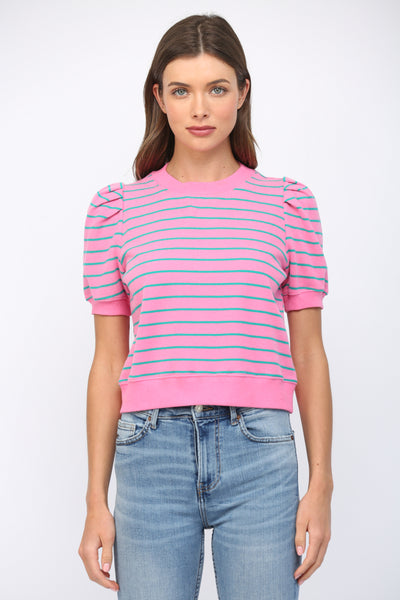 STRIPED SHORT PUFF SLEEVE TOP PINK TEAL