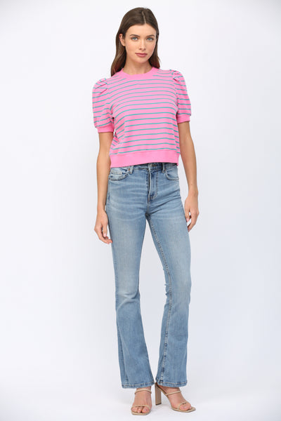 STRIPED SHORT PUFF SLEEVE TOP PINK TEAL