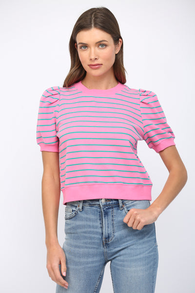 STRIPED SHORT PUFF SLEEVE TOP PINK TEAL