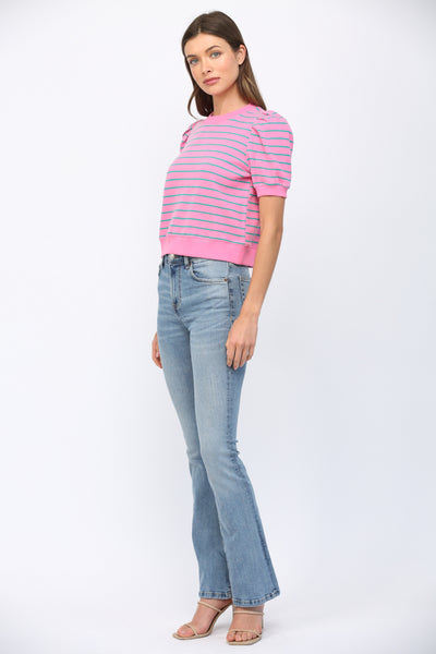 STRIPED SHORT PUFF SLEEVE TOP PINK TEAL