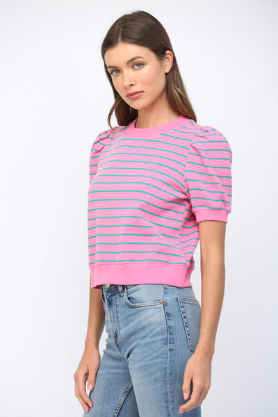STRIPED SHORT PUFF SLEEVE TOP PINK TEAL