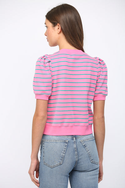 STRIPED SHORT PUFF SLEEVE TOP PINK TEAL