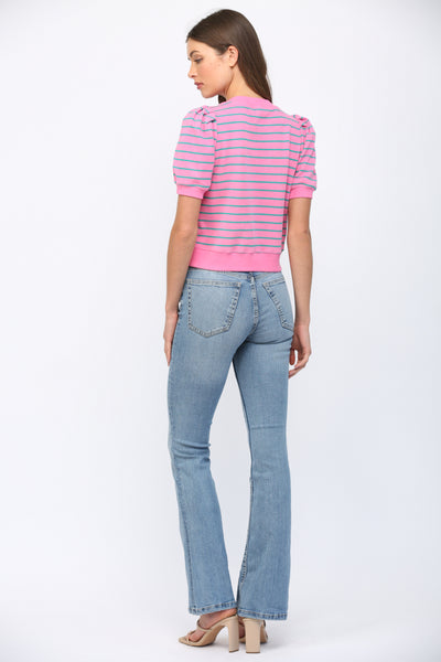 STRIPED SHORT PUFF SLEEVE TOP PINK TEAL